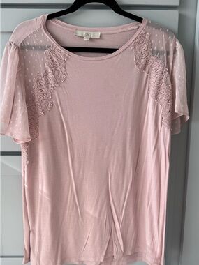 LOFT Blush Pink Lace & Dotted Mesh Short Sleeve Tee
